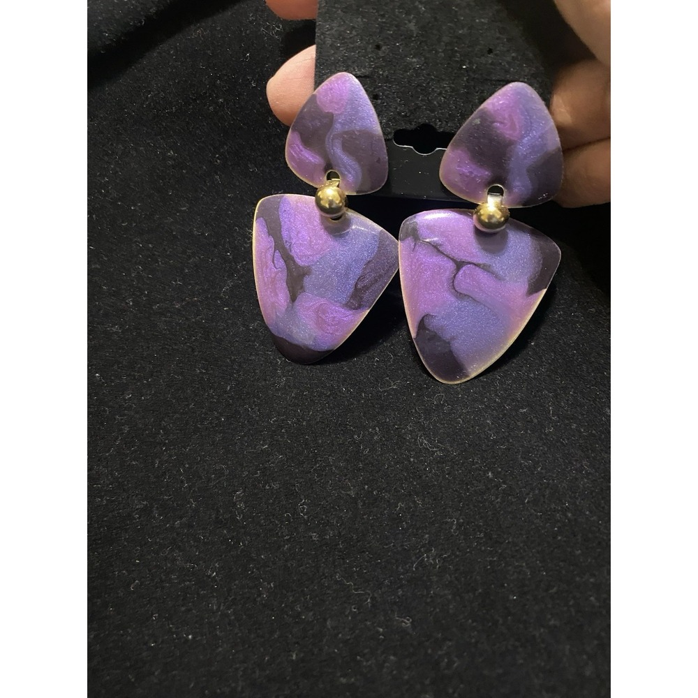 Vintage 1980's Purple And Gold Tone Enamel Brass Earrings